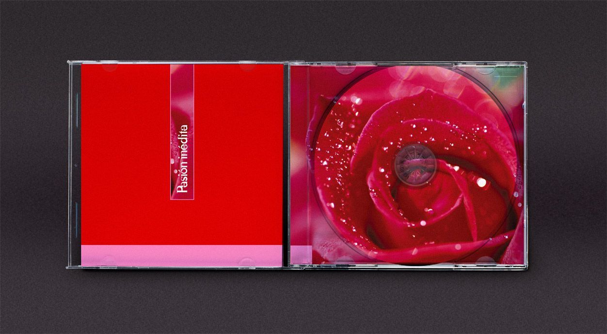 Diseño del cd abierto de Pasión Vega titulado Pasión Inédita donde se visualiza el inlay interior
