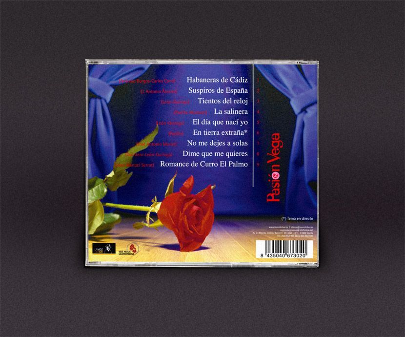 Diseño de la contraportada del cd de Pasión Vega, titulado Pasión Inédita
