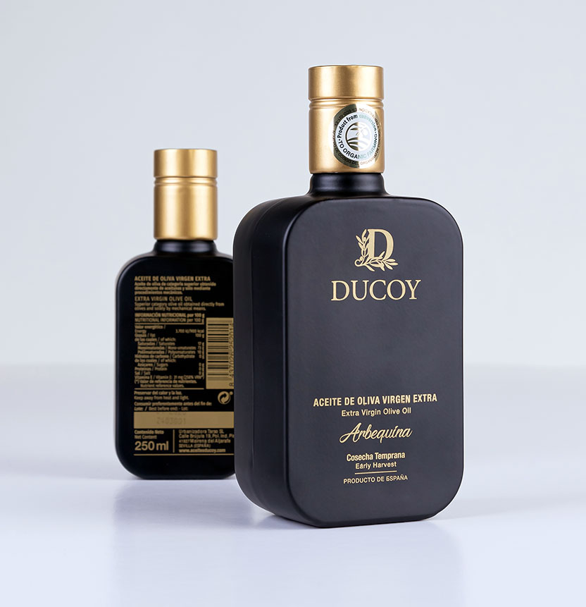 botella vidrio medio litro personalizada de aceite de oliva y contra-etiquetado