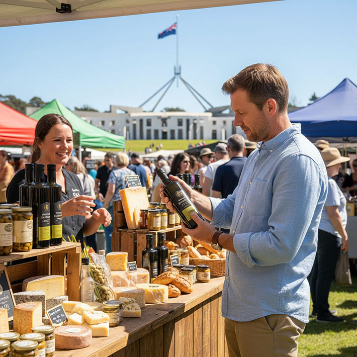 comprando una botella de aceite de oliva en un mercadillo de australia