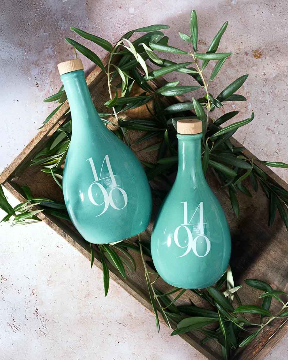 Botellas de porcelana turquesa Santa María Jade 1490 para aceite de oliva virgen extra