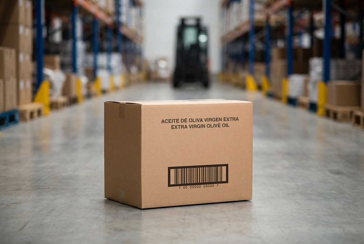 código de barras caja embalaje transporte para aceite de oliva virgen extra