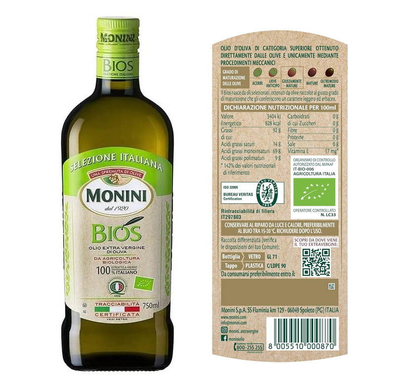 Packaging Monini Bios con certificaciones ecológicas, trazabilidad y comunicación ambiental