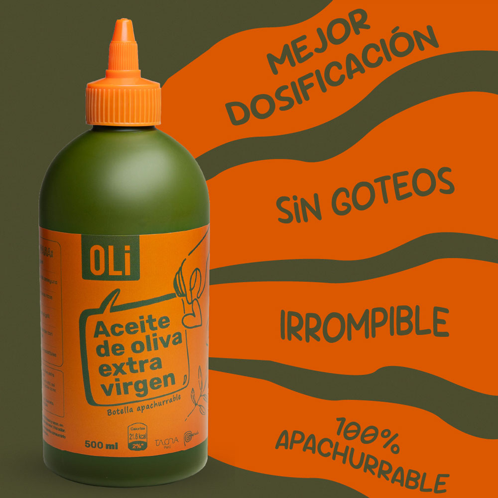 Aceite de oliva OLi Apachurrable en envase squeeze bottle con reclamos de dosificación y uso diario