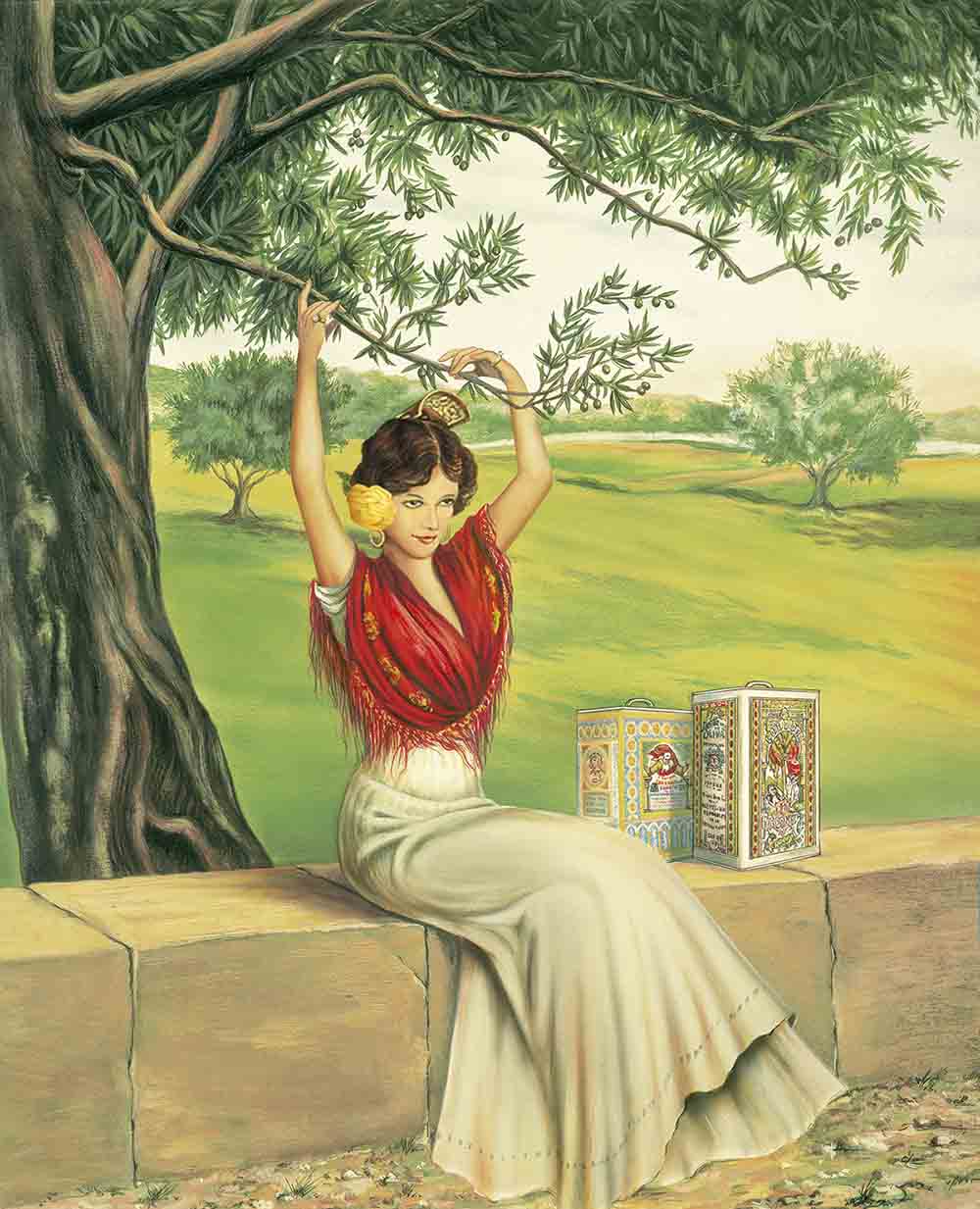 Ilustración histórica de la mujer cordobesa de Carbonell junto a antiguos envases de aceite de oliva