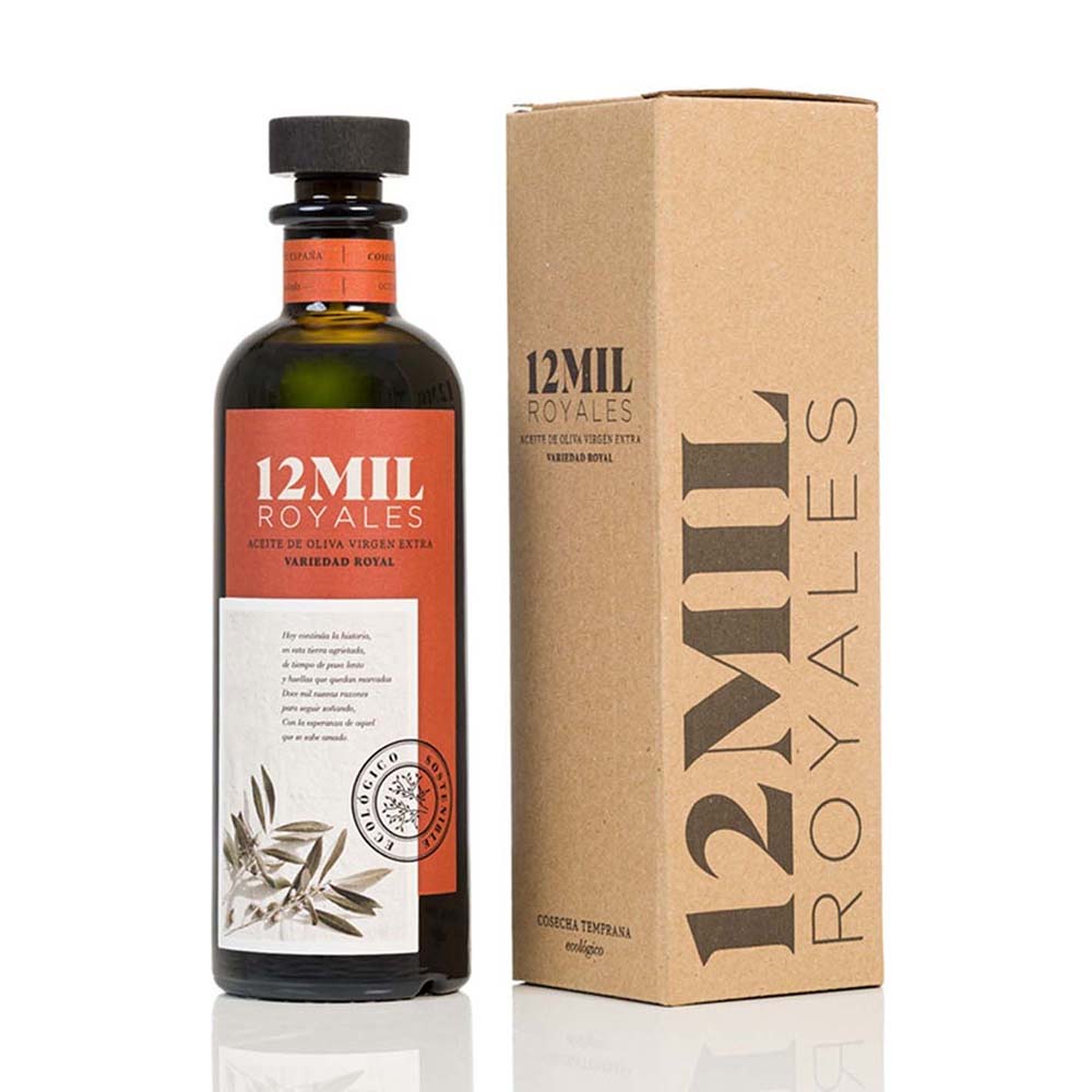 Botella y estuche de 12MIL Royales para aceite de oliva virgen extra variedad Royal