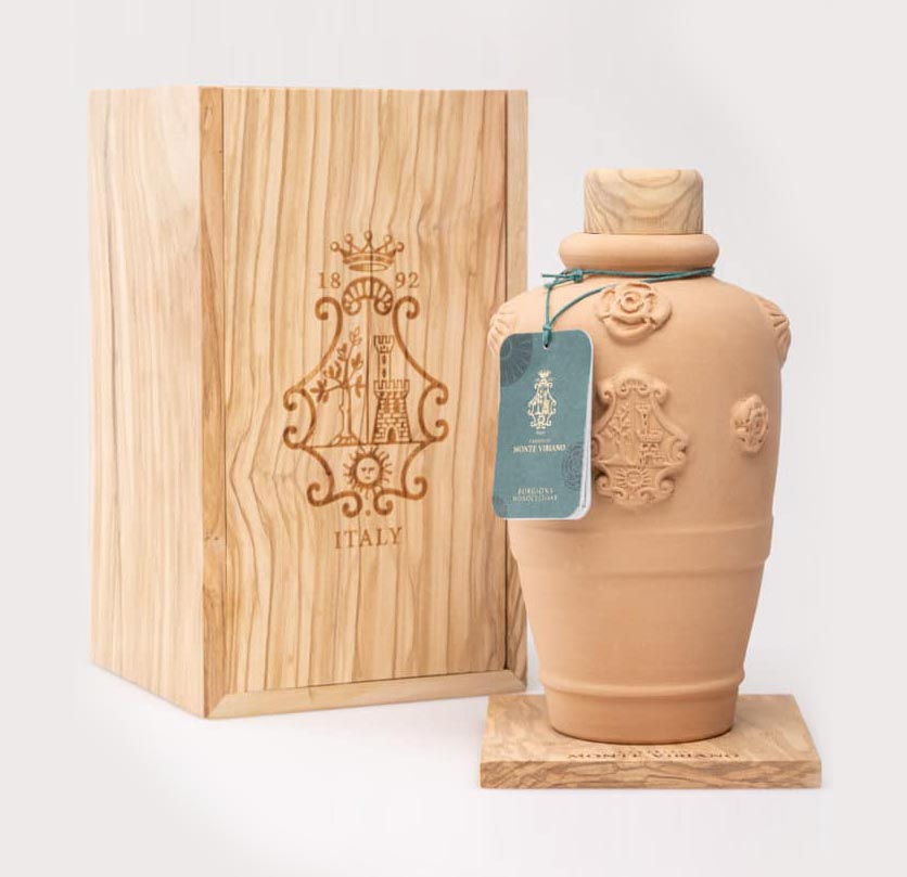 Orcio de terracota Borgiona de Castello Monte Vibiano para aceite de oliva virgen extra con estuche de madera