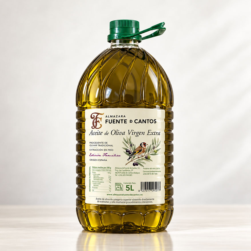 Diseño de etiqueta de la Garrafa de aceite virgen extra 5L marca fuente de cantos