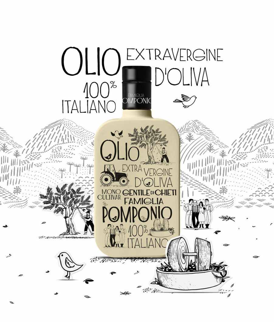 Packaging de Famiglia Pomponio con botella ilustrada, paisaje agrícola y escenas de tradición familiar italiana
