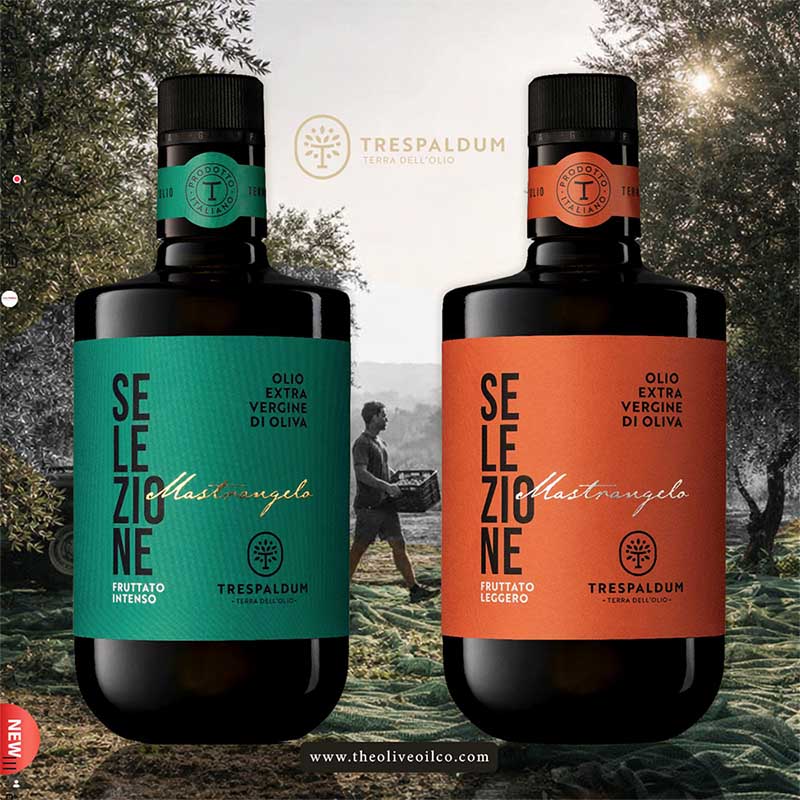 Gama Trespaldum Selezione Mastrangelo con etiquetas verde y naranja para Fruttato Intenso y Fruttato Leggero